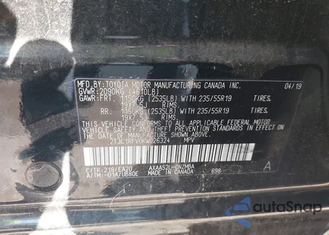 2019 Toyota Rav4 Xle Premium z USA, uszkodzony, nr VIN 2T3C1RFV0KW026324